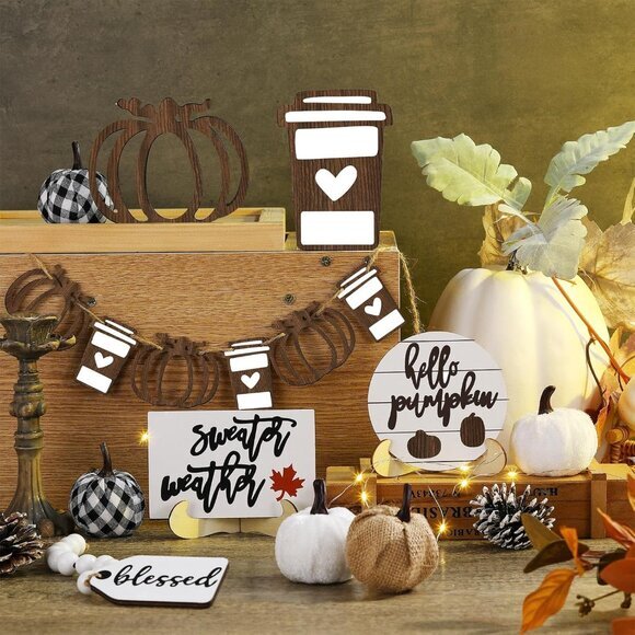 19 PCS Rustic Fall Tiered‎ Tray Decor - Autumn Pumpkins & Farmhouse Signs Set - Picture 5 of 7